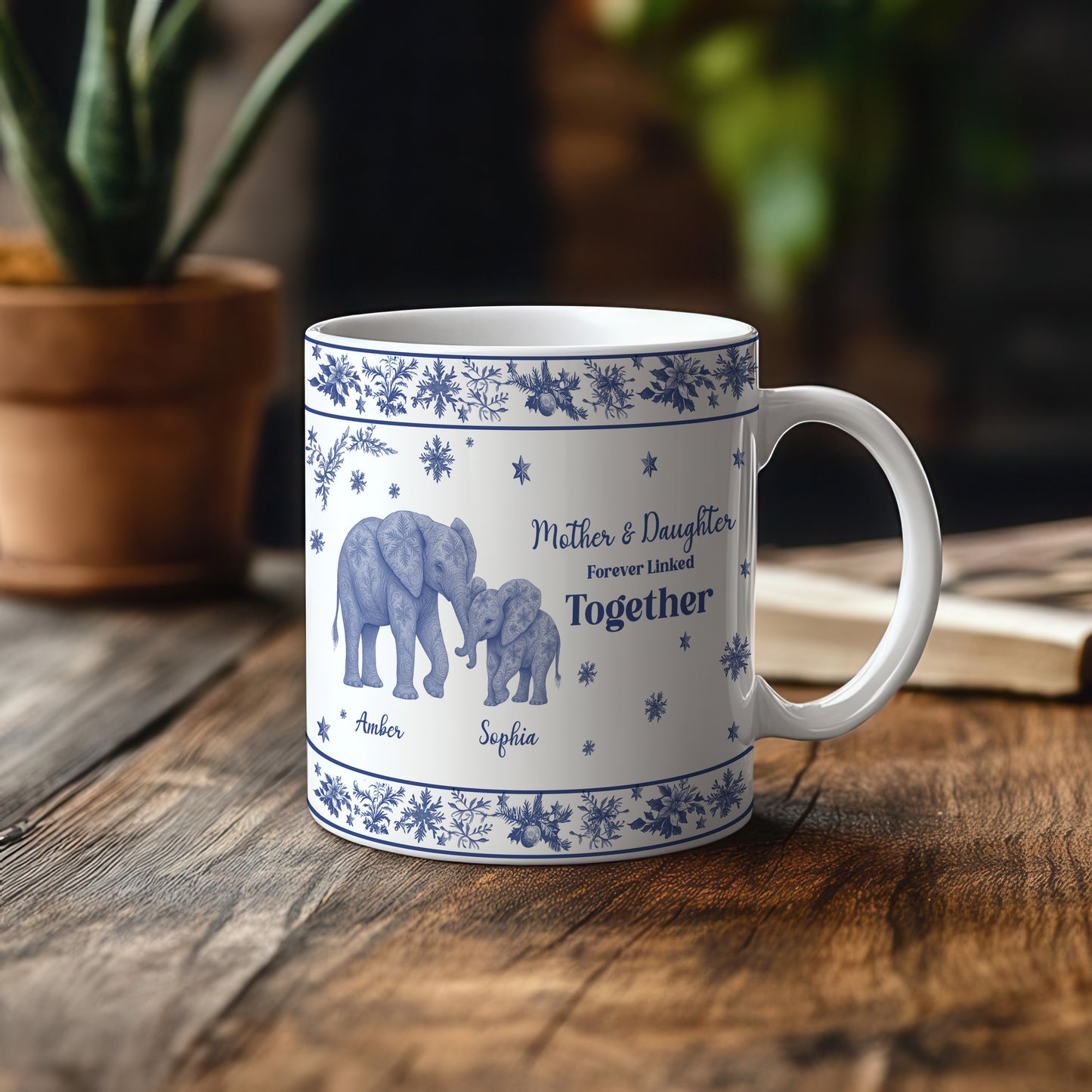 Mug 3DCustom Mother & Daughter / Mother & Son Elephant Mug – “Forever Linked Together” - Personalized Names ,Toile de Jouy Floral Elephant Design