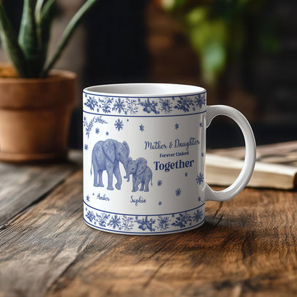 Mug 3DCustom Mother & Daughter / Mother & Son Elephant Mug – “Forever Linked Together” - Personalized Names ,Toile de Jouy Floral Elephant Design