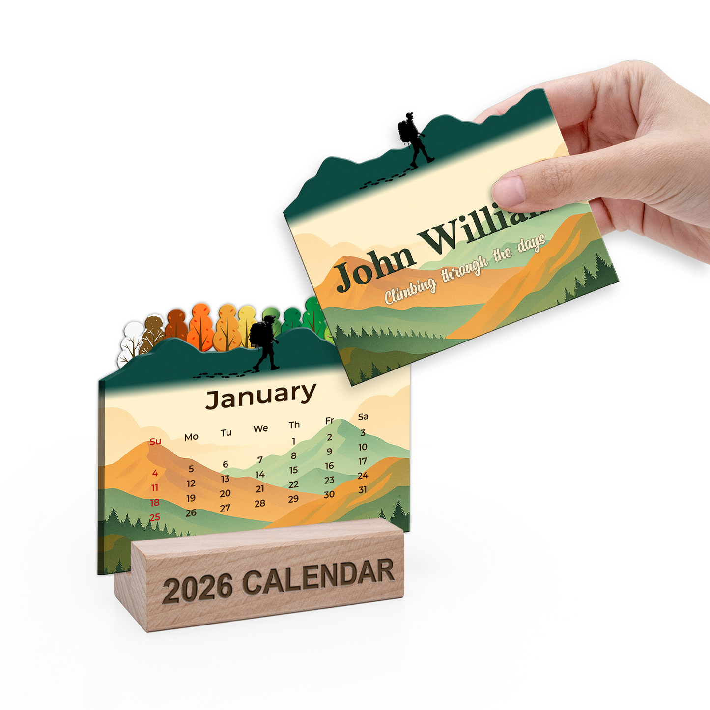Custom Name Calendar 2026 with Wooden Stand – Personalized Adventure Desk Calendar - Climbing Through The Days