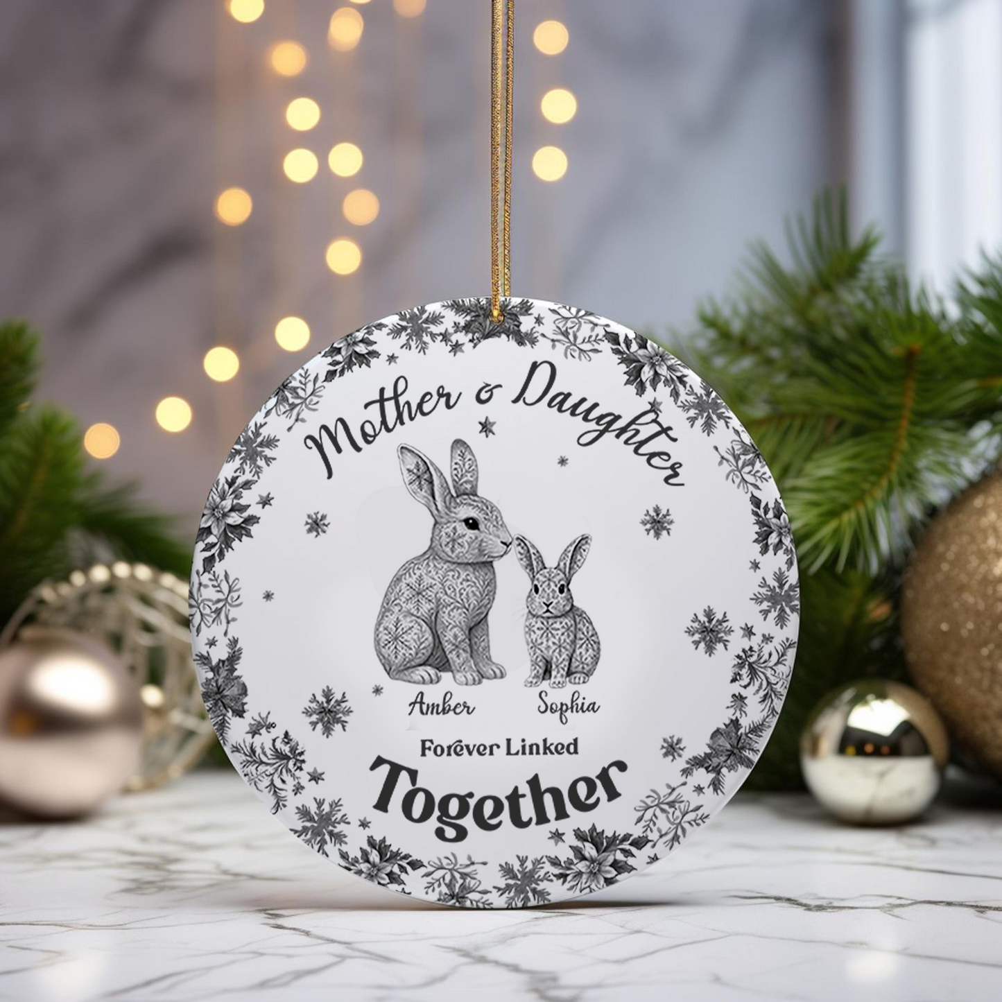 Custom Rabbit Toile de Jouy Ceramic Ornament – Personalized Circle Ceramic Gift for Mom & Daughter/Son, Forever Linked Together