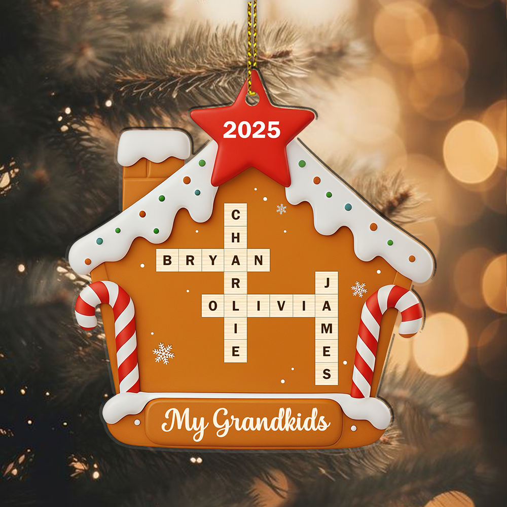 Custom Acrylic Gingerbread House Ornament – Personalized Crossword Name Christmas Decoration for Grandkids 2025