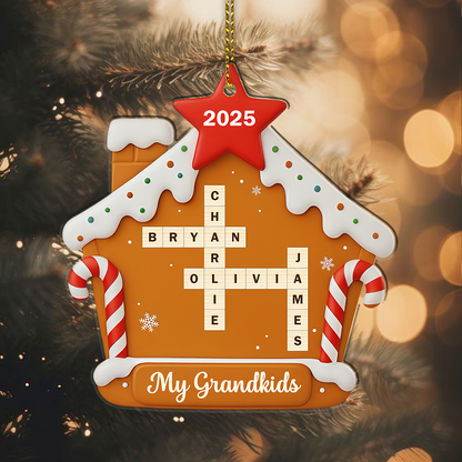 Custom Acrylic Gingerbread House Ornament – Personalized Crossword Name Christmas Decoration for Grandkids 2025