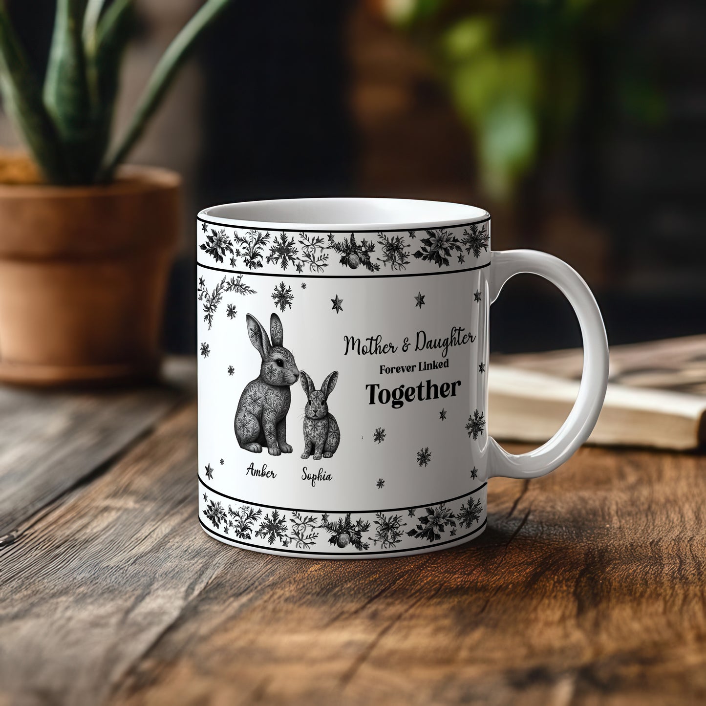 Custom Mother & Daughter / Mother & Son Rabbit Mug – “Forever Linked Together” - Personalized Names, Toile de Jouy Snowflake Bunny Design