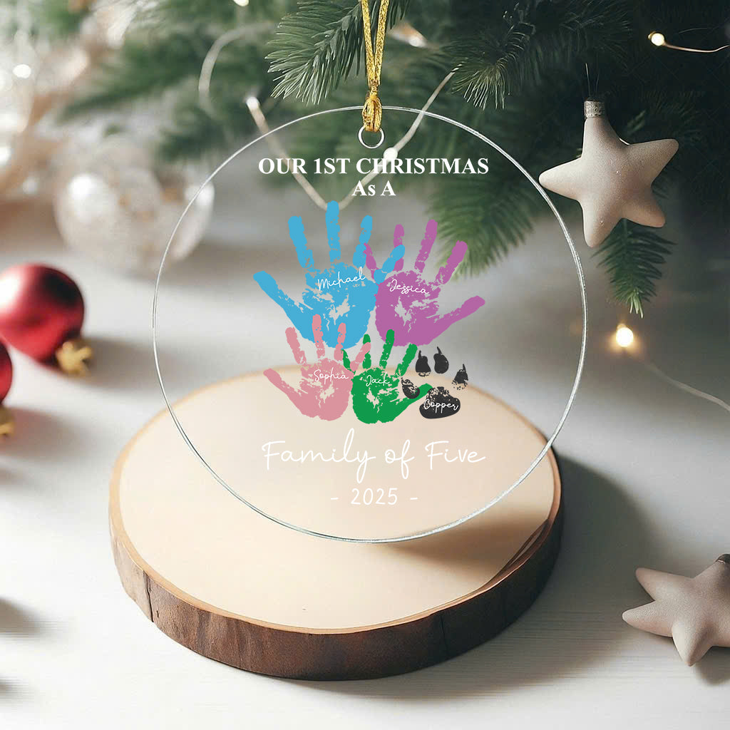 First Christmas As A Family Of Four Handprints - Personalized Circle Glass Ornament