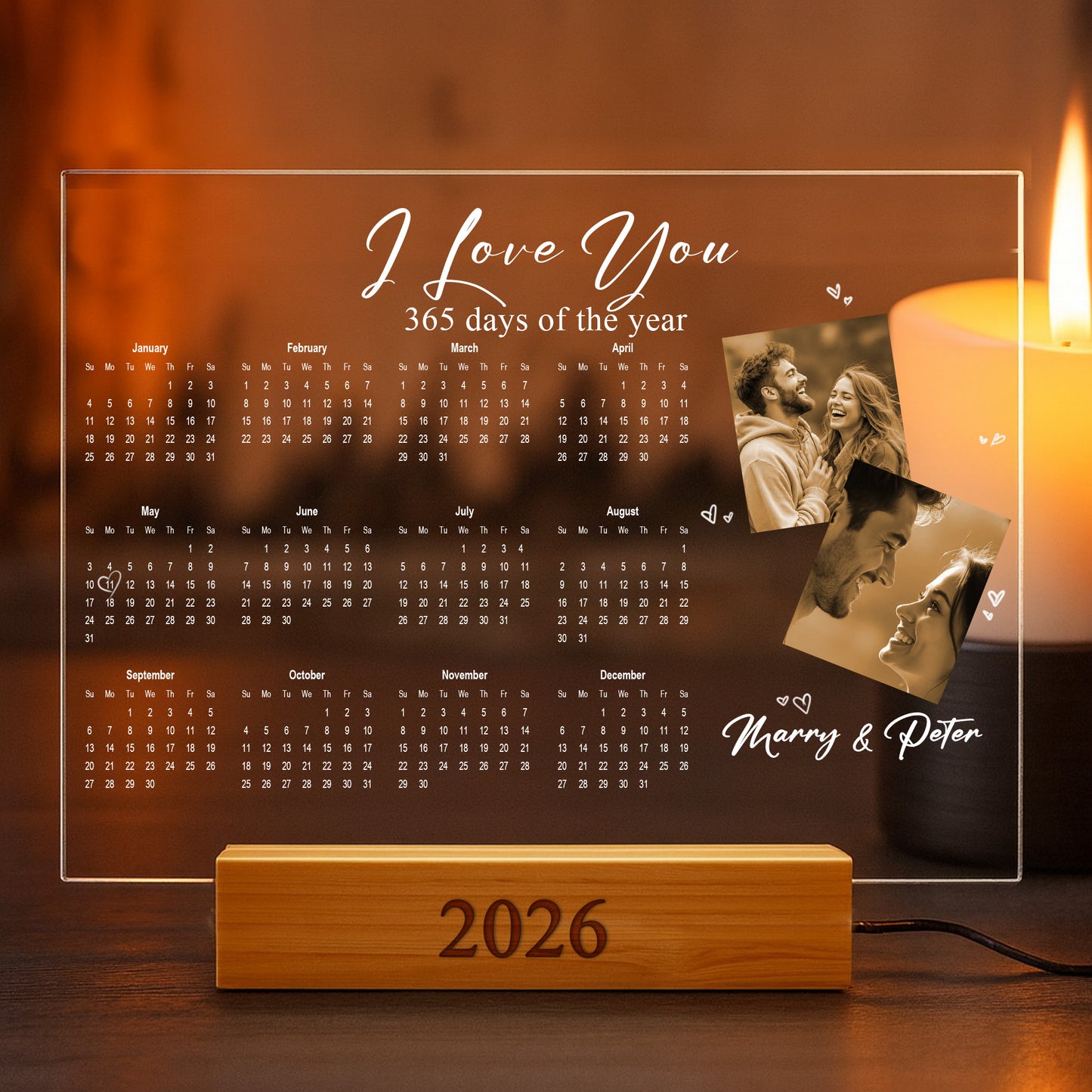 Custom LED Acrylic Calendar Lamp 2026 – “I Love You” Couple Version – Personalized Anniversary Gift with Photos & Names