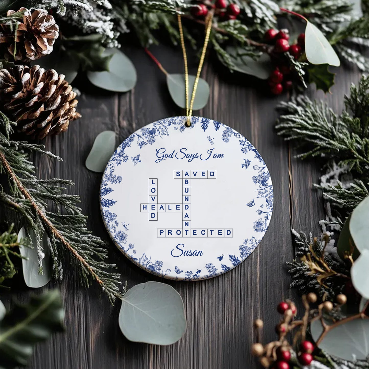 Custom “God Says I Am” Ceramic Ornament – Christian Crossword Design – Personalized Faith Gift for Women, Friends, and Family