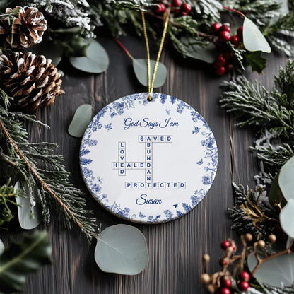 Custom “God Says I Am” Ceramic Ornament – Christian Crossword Design – Personalized Faith Gift for Women, Friends, and Family