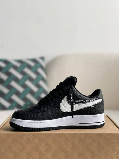 LV x Nike x Off-White Air Force 1 Black and White Monogram Sneakers