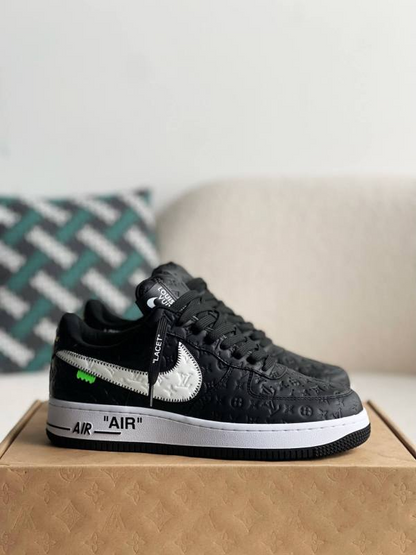 LV x Nike x Off-White Air Force 1 Black and White Monogram Sneakers