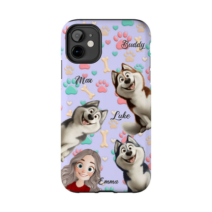 Personalized Dog Mom Tough Phone Case - Custom Phone case up to 4 Dogs, Paw & Bone Design - Gift for Dog Lovers