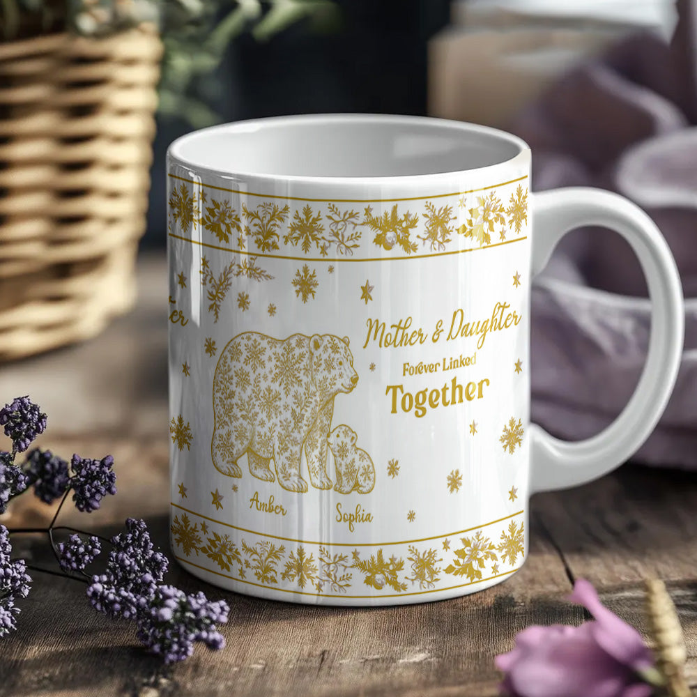 Custom Mother & Daughter / Mother & Son Mug – “Forever Linked Together”  Personalized Names , Toile de Jouy Snowflake Bear Design