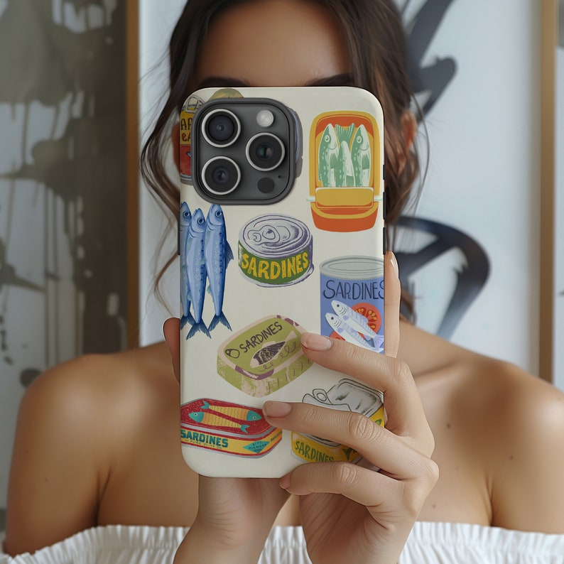Sardine Can Art Phone Case – Vintage Fish Tin Illustration Cover for iPhone 12 13 14 15 16 Pro Max Plus Samsung S22 S23 S24 S24.99 Ultra Plus