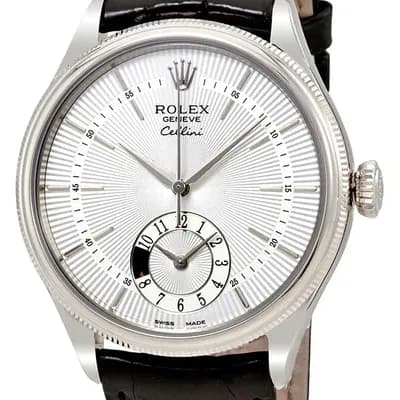 Rolex Cellini 50529, Dual Time, 18K White Gold, Silver Dial