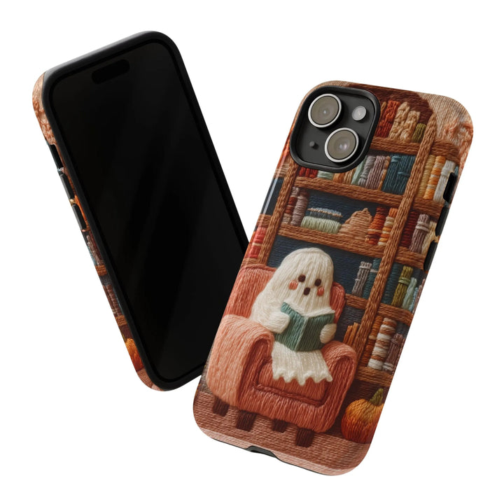 Cozy Ghost Reader Phone Case – Embroidered Look Tough Case iPhone 16 15 14 13 12 11 Pro Max 8 Plus X Samsung Galaxy S24 S23 S22 Ultra