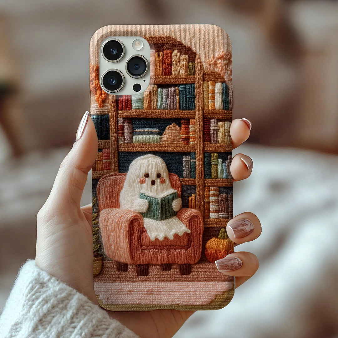 Cozy Ghost Reader Phone Case – Embroidered Look Tough Case iPhone 16 15 14 13 12 11 Pro Max 8 Plus X Samsung Galaxy S24 S23 S22 Ultra