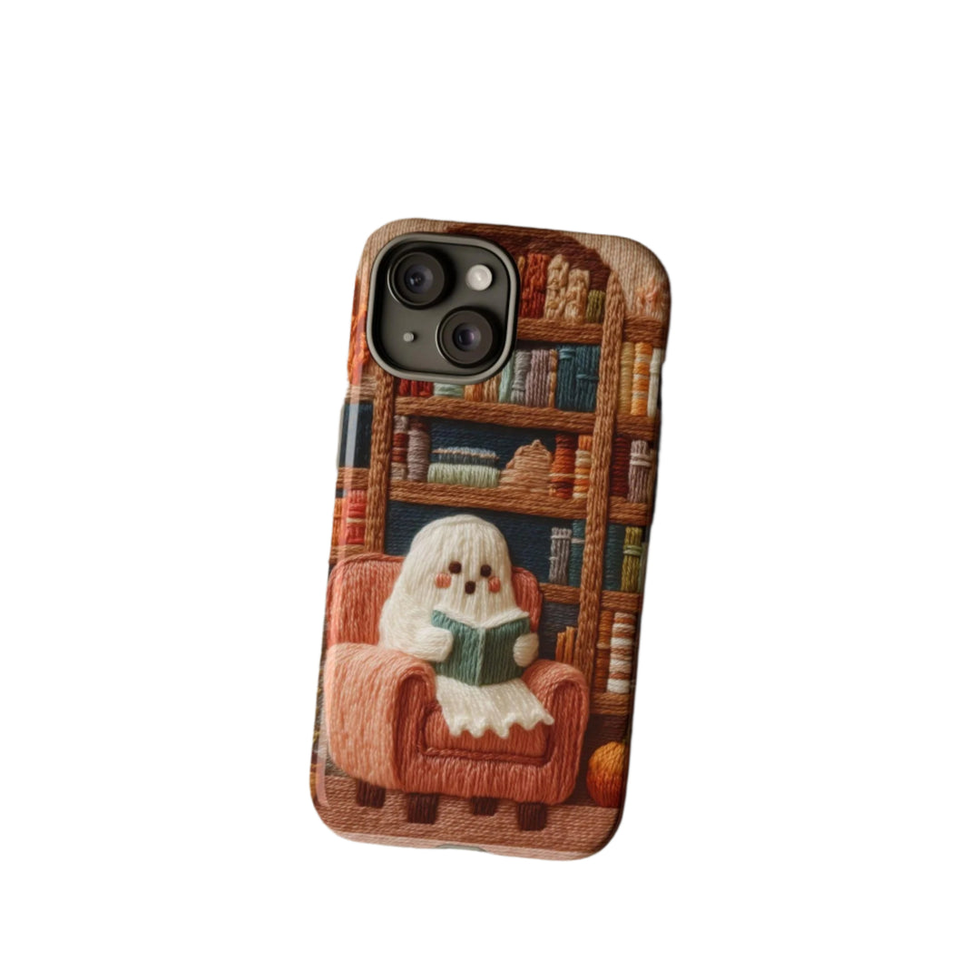 Cozy Ghost Reader Phone Case – Embroidered Look Tough Case iPhone 16 15 14 13 12 11 Pro Max 8 Plus X Samsung Galaxy S24 S23 S22 Ultra