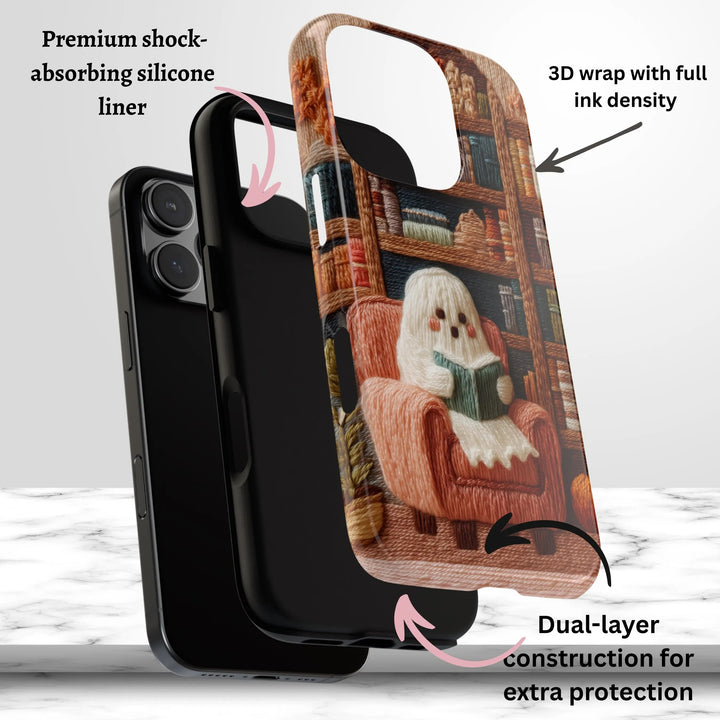 Cozy Ghost Reader Phone Case – Embroidered Look Tough Case iPhone 16 15 14 13 12 11 Pro Max 8 Plus X Samsung Galaxy S24 S23 S22 Ultra