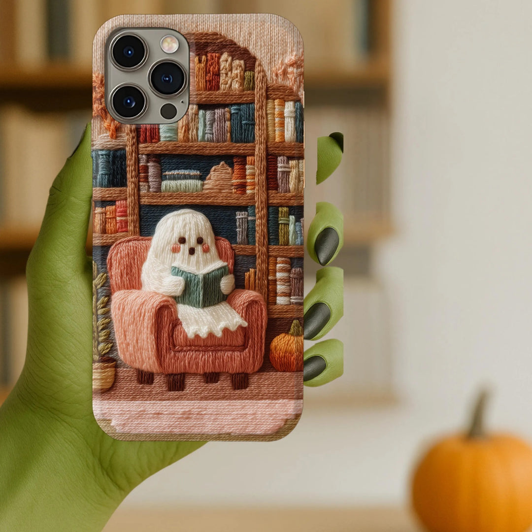 Cozy Ghost Reader Phone Case – Embroidered Look Tough Case iPhone 16 15 14 13 12 11 Pro Max 8 Plus X Samsung Galaxy S24 S23 S22 Ultra