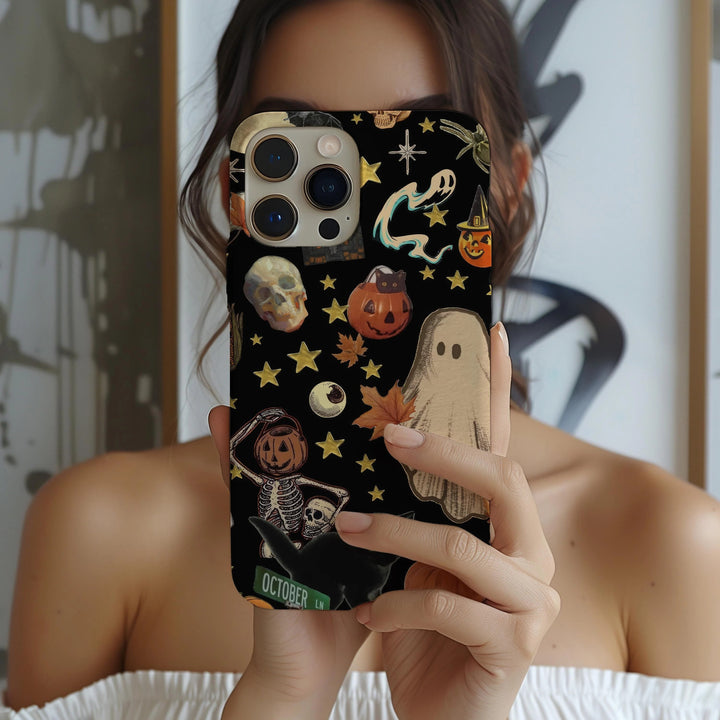 Vintage Halloween Phone Case, Ghosts, Pumpkins, Skeleton Collage iPhone 16 15 14 13 12 11 Pro Max 8 Plus X Samsung Galaxy S24 S23 S22 Ultra