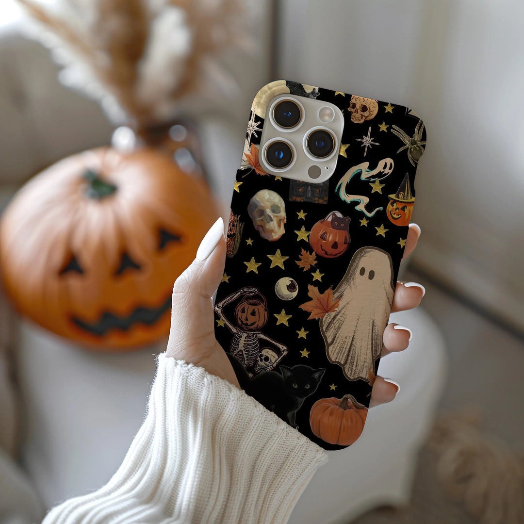 Vintage Halloween Phone Case, Ghosts, Pumpkins, Skeleton Collage iPhone 16 15 14 13 12 11 Pro Max 8 Plus X Samsung Galaxy S24 S23 S22 Ultra