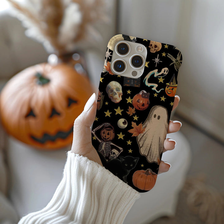 Vintage Halloween Phone Case, Ghosts, Pumpkins, Skeleton Collage iPhone 16 15 14 13 12 11 Pro Max 8 Plus X Samsung Galaxy S24 S23 S22 Ultra
