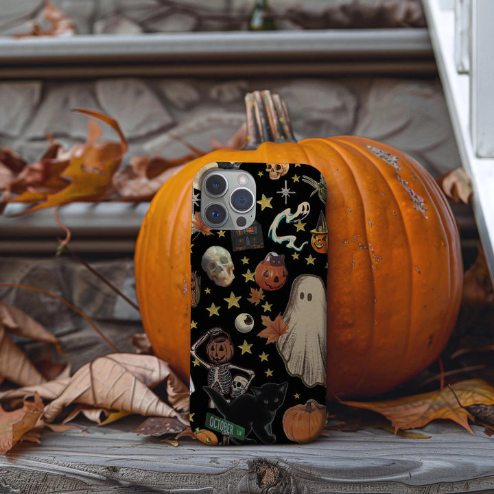 Vintage Halloween Phone Case, Ghosts, Pumpkins, Skeleton Collage iPhone 16 15 14 13 12 11 Pro Max 8 Plus X Samsung Galaxy S24 S23 S22 Ultra