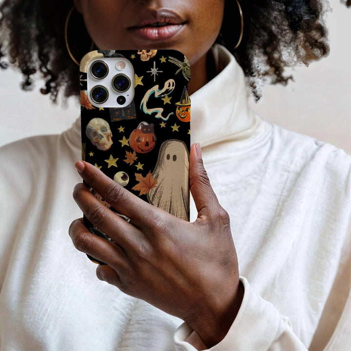 Vintage Halloween Phone Case, Ghosts, Pumpkins, Skeleton Collage iPhone 16 15 14 13 12 11 Pro Max 8 Plus X Samsung Galaxy S24 S23 S22 Ultra