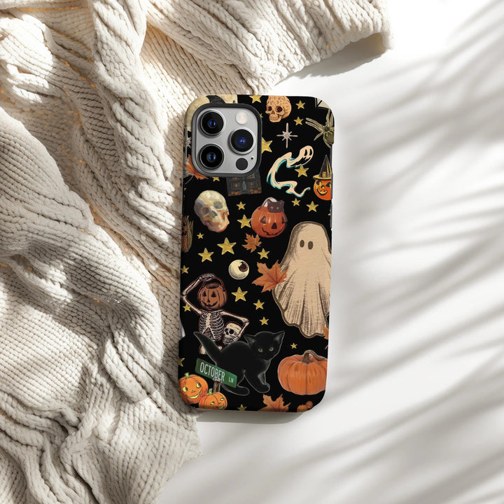 Vintage Halloween Phone Case, Ghosts, Pumpkins, Skeleton Collage iPhone 16 15 14 13 12 11 Pro Max 8 Plus X Samsung Galaxy S24 S23 S22 Ultra