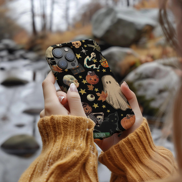 Vintage Halloween Phone Case, Ghosts, Pumpkins, Skeleton Collage iPhone 16 15 14 13 12 11 Pro Max 8 Plus X Samsung Galaxy S24 S23 S22 Ultra