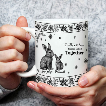 Custom Mother & Daughter / Mother & Son Rabbit Mug – “Forever Linked Together” - Personalized Names, Toile de Jouy Snowflake Bunny Design