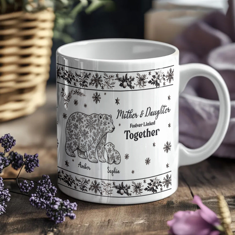 Custom Mother & Daughter / Mother & Son Mug – “Forever Linked Together”  Personalized Names , Toile de Jouy Snowflake Bear Design