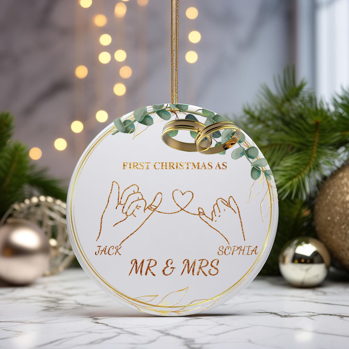 Couple Ceramic Christmas Ornament – Personalized First Married Holiday Wedding Keepsake Gift