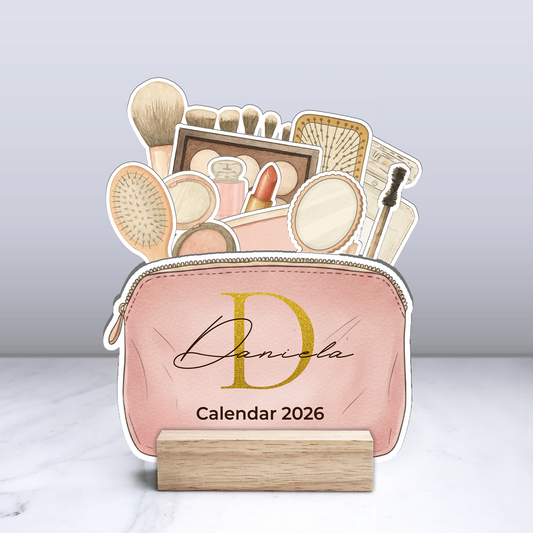 Custom Makeup Bag 2026 Calendar  with Wooden Stand – Personalized Cosmetic Organizer Desk Decoration Gift