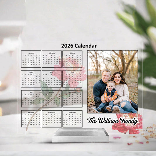 Custom Acrylic Photo Calendar Plaque 2026 – Personalized Family Name Desk Display with Monthly Flower Design