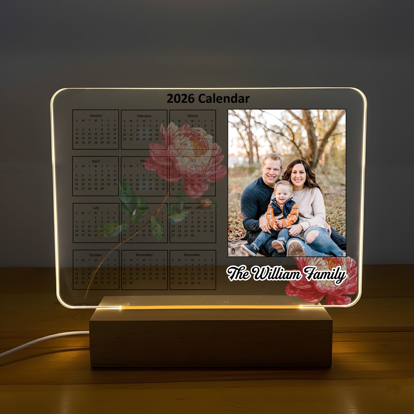 Custom Photo Acrylic Light Calendar 2026 -Personalized LED Desk Lamp with Family Name Monthly Flower Gift for Mom Dad Couple Family Home Decor