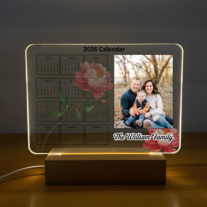 Custom Photo Acrylic Light Calendar 2026 -Personalized LED Desk Lamp with Family Name Monthly Flower Gift for Mom Dad Couple Family Home Decor