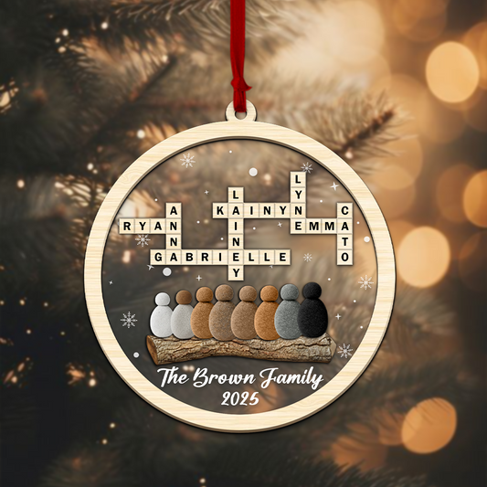 Custom 2-Layer Acrylic Family Crossword Ornament – Personalized Christmas Decoration with Pebble Family Design & Names