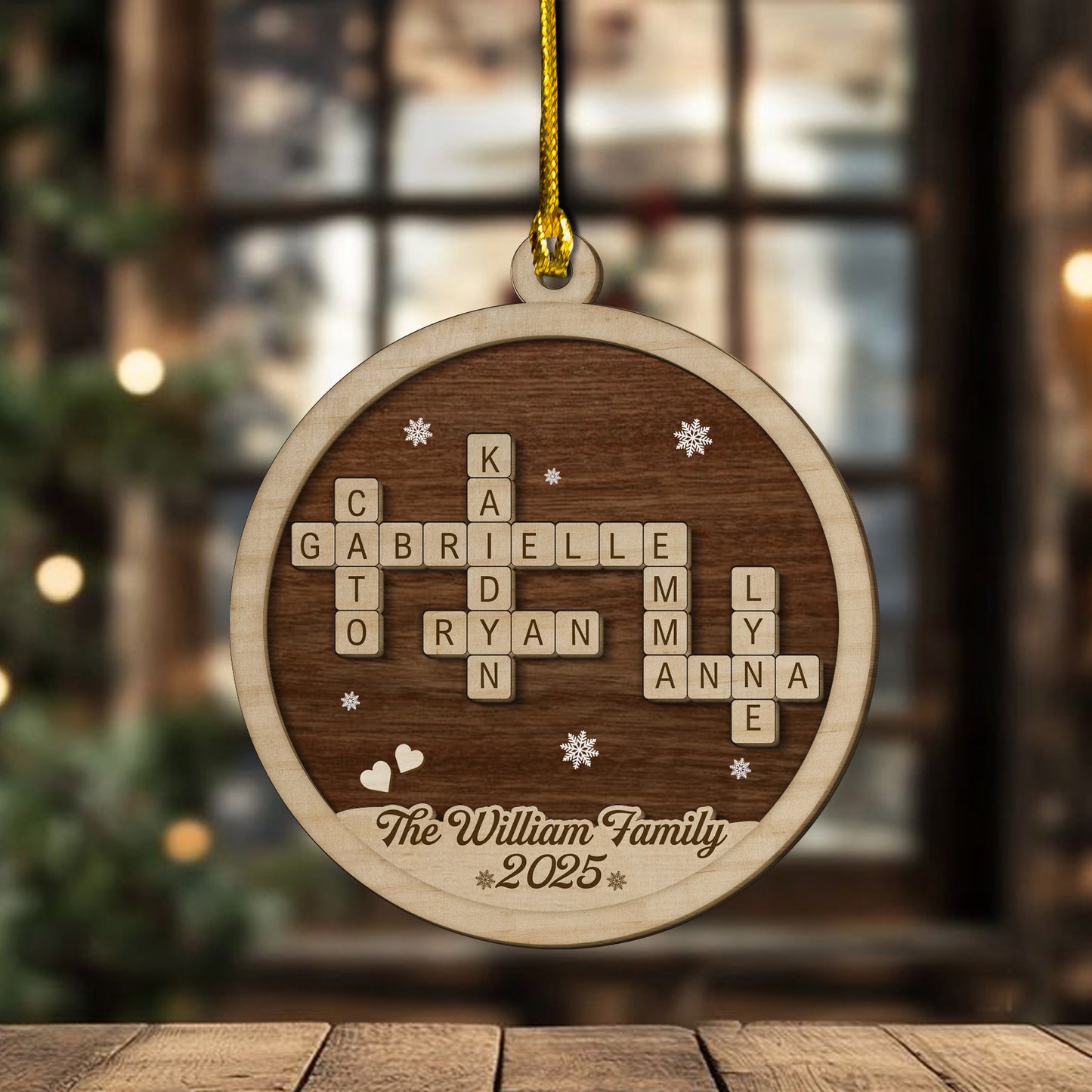 Custom Family Name Crossword Wooden Ornament – Personalized Christmas Tree Decoration with Names & Year