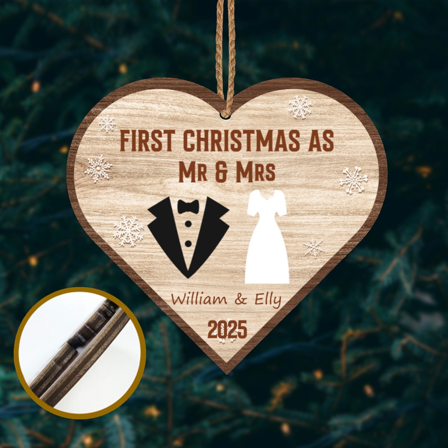 Custom 2-Layered Wooden Ornament – Couple Christmas Ornament 2025, Personalized Newlywed Gift, First Christmas as Mr & Mrs, Husband & Wife Xmas Decor