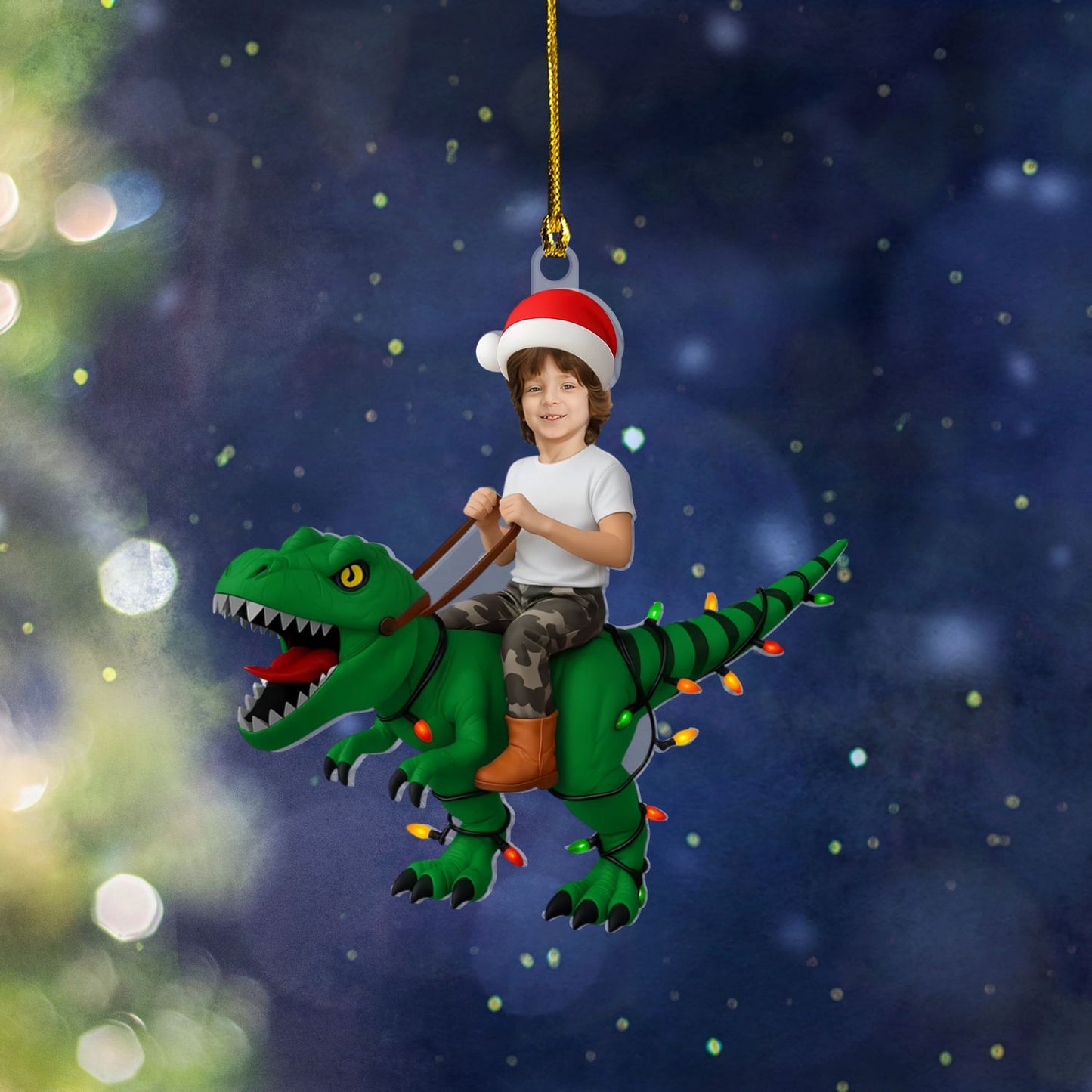Personalized Kid Riding Dinosaur Ornament – Custom Photo Acrylic Ornament For Kids
