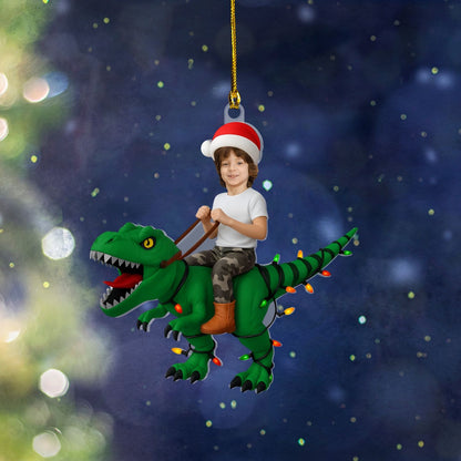 Personalized Kid Riding Dinosaur Ornament – Custom Photo Acrylic Ornament For Kids