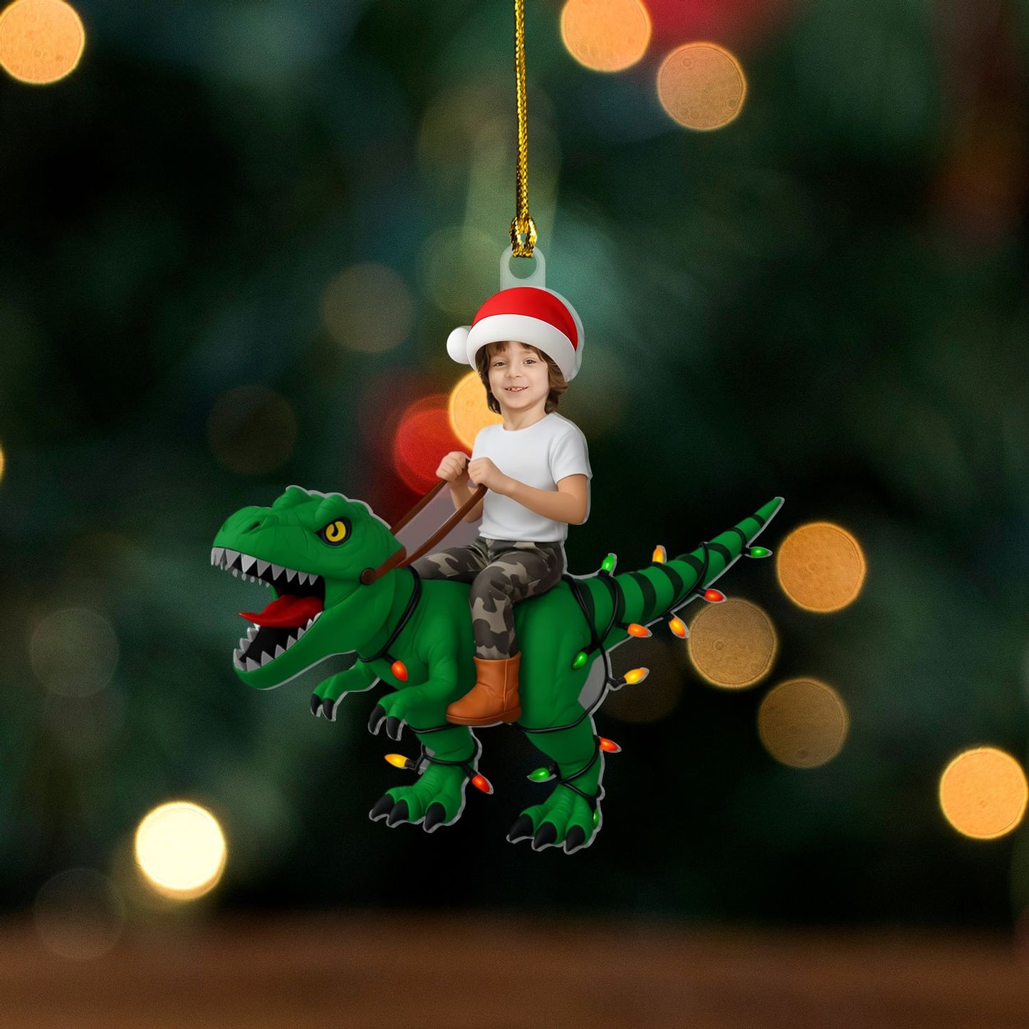 Personalized Kid Riding Dinosaur Ornament – Custom Photo Acrylic Ornament For Kids