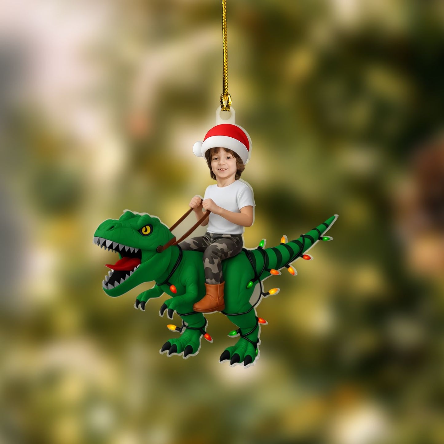Personalized Kid Riding Dinosaur Ornament – Custom Photo Acrylic Ornament For Kids