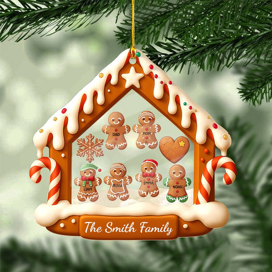 Custom Acrylic Shaker Ornament – Personalized Gingerbread House Family Christmas Decoration