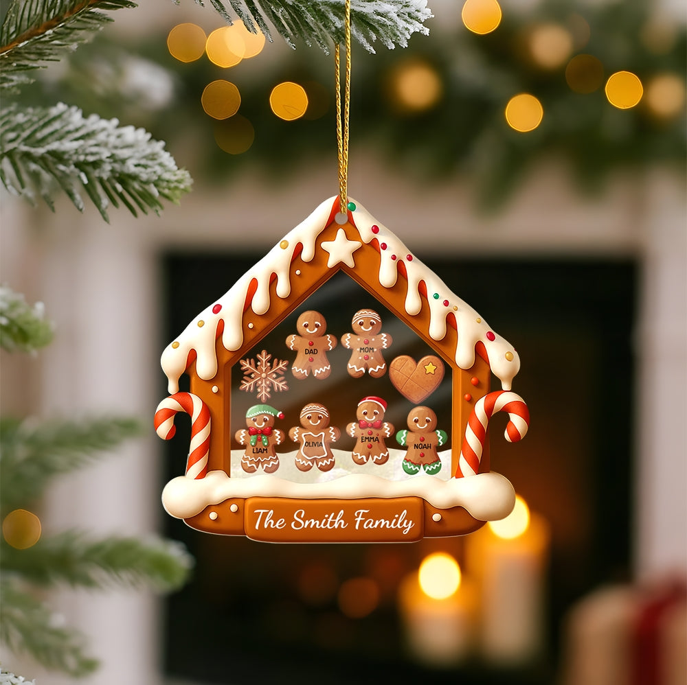 Custom Acrylic Shaker Ornament – Personalized Gingerbread House Family Christmas Decoration