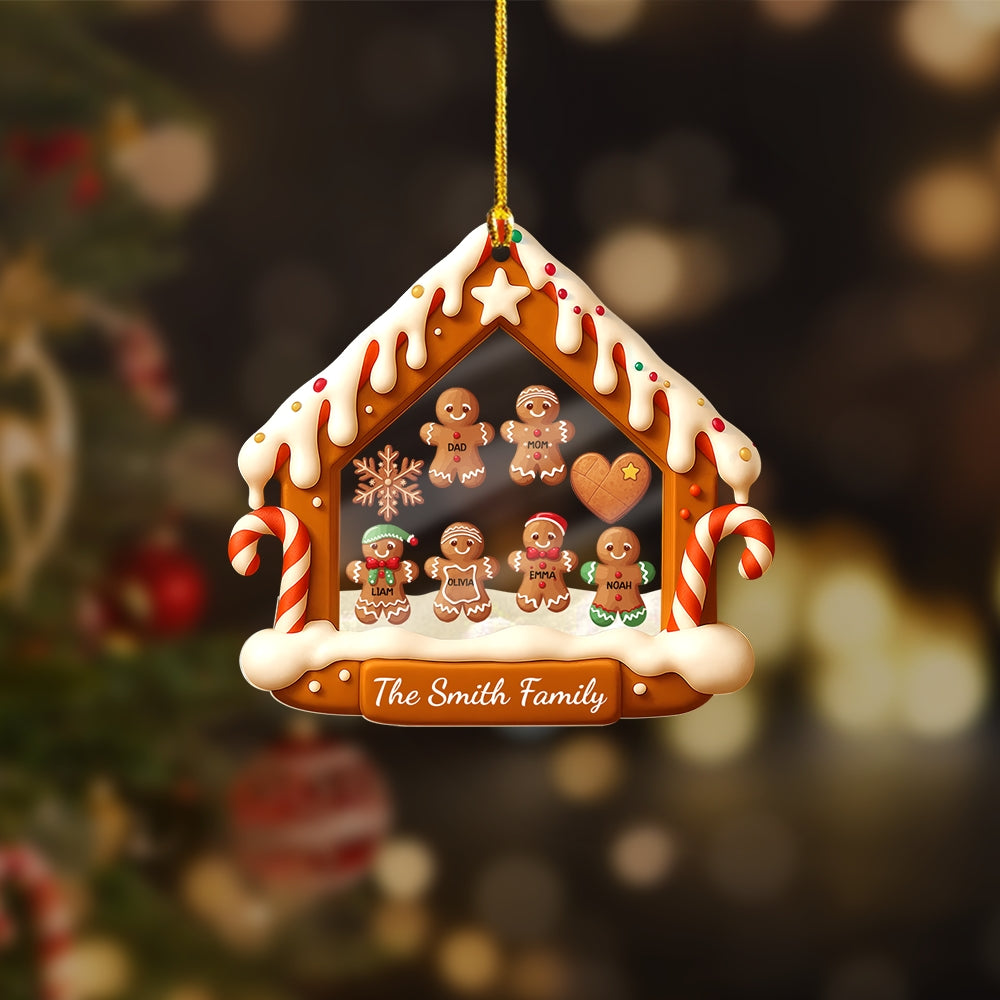 Custom Acrylic Shaker Ornament – Personalized Gingerbread House Family Christmas Decoration