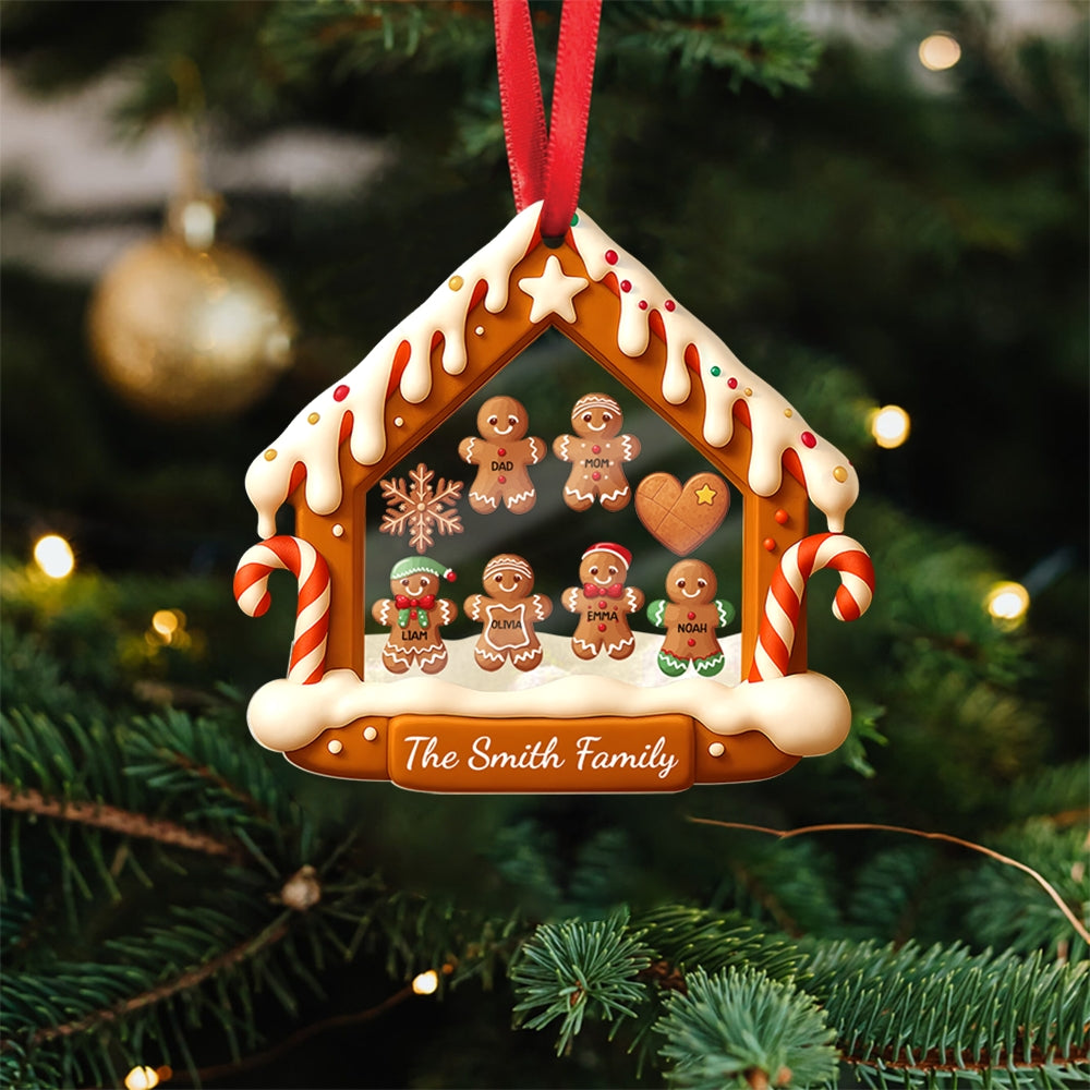 Custom Acrylic Shaker Ornament – Personalized Gingerbread House Family Christmas Decoration
