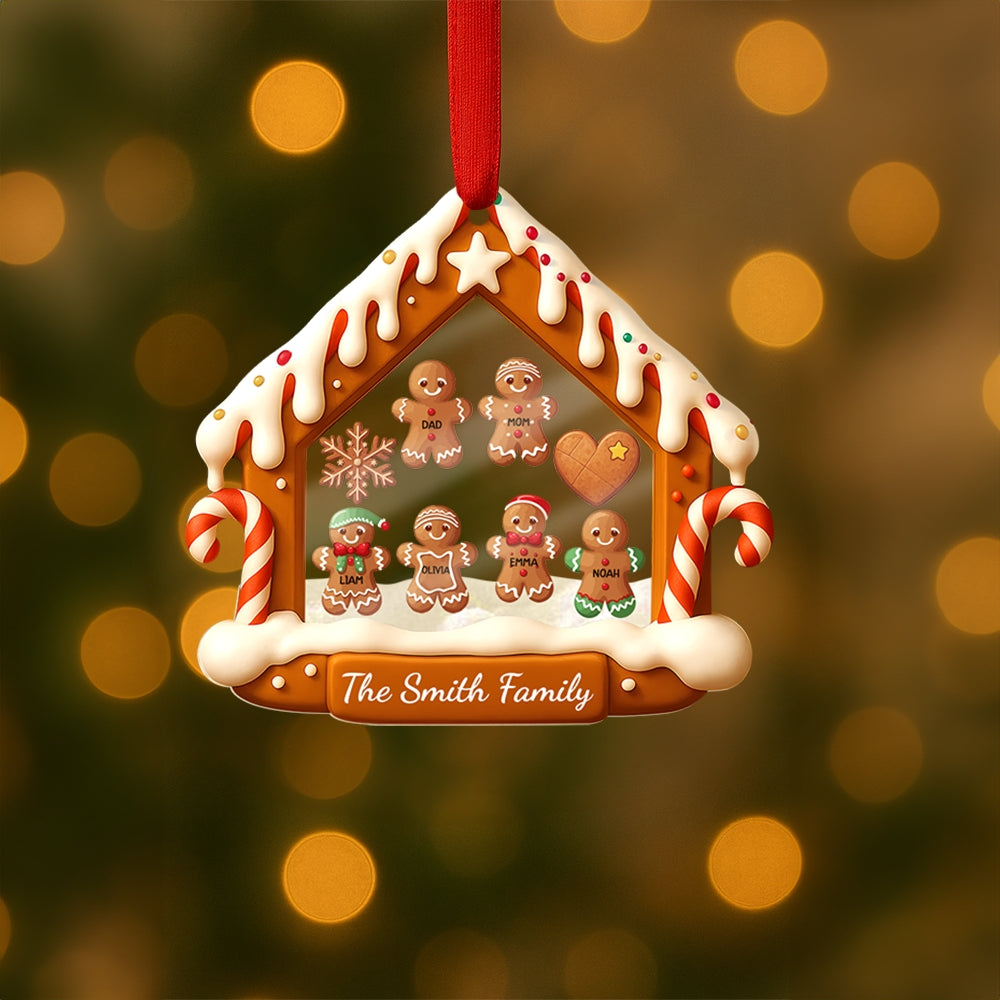 Custom Acrylic Shaker Ornament – Personalized Gingerbread House Family Christmas Decoration