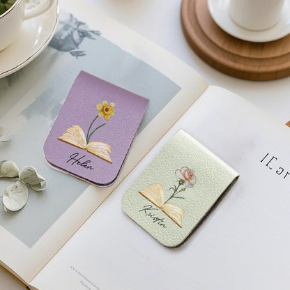 Leather Magnetic Bookmark – Personalized Custom Name & Flower Design for Book Lovers, Teachers, and Readers