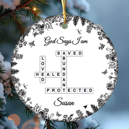 Custom “God Says I Am” Ceramic Ornament – Christian Crossword Design – Personalized Faith Gift for Women, Friends, and Family